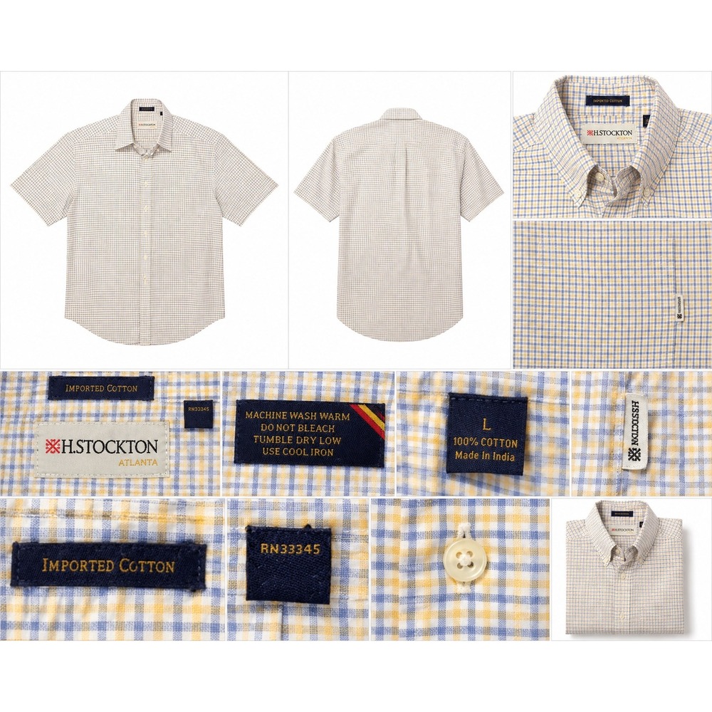 H. Stockton Atlanta Mens Large Blue Yellow Gingham Check Short Sleeve Shirt